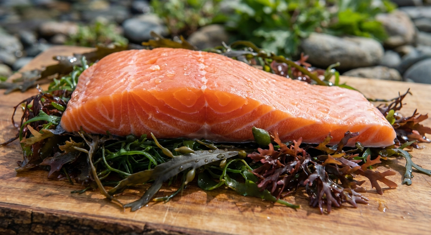 A realistic close‑up of wild salmon and algae, illustrating natural sources of carotenoids. Alt: carotenoid antioxidant supporting eye health