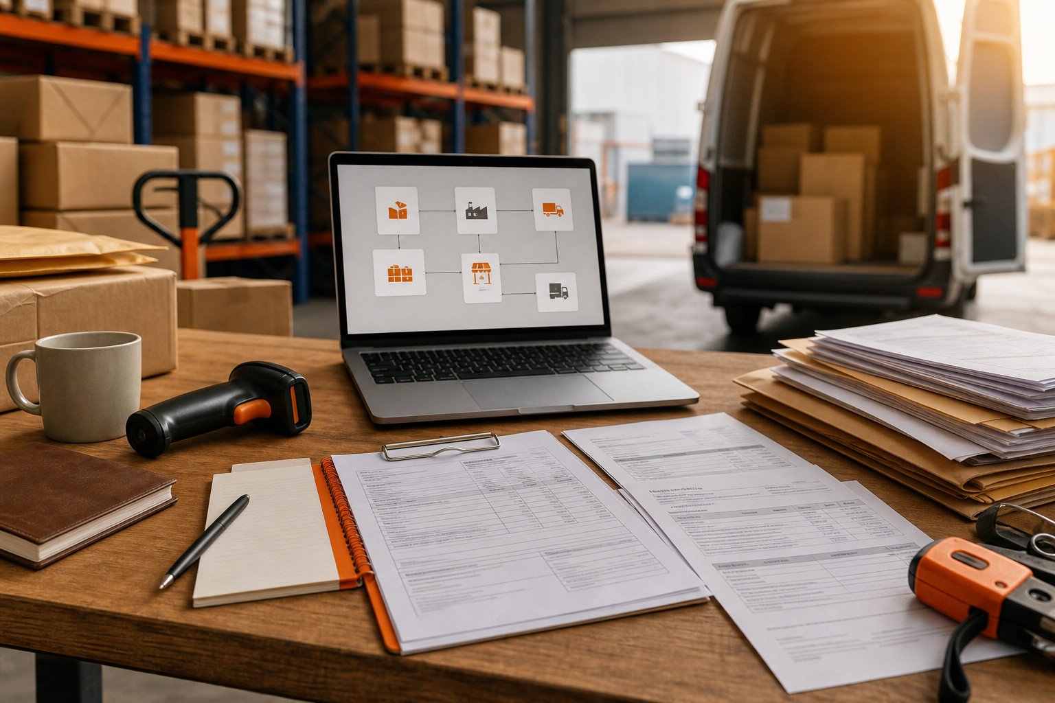 E-commerce supply chain workflow with purchase orders and landed cost documents.