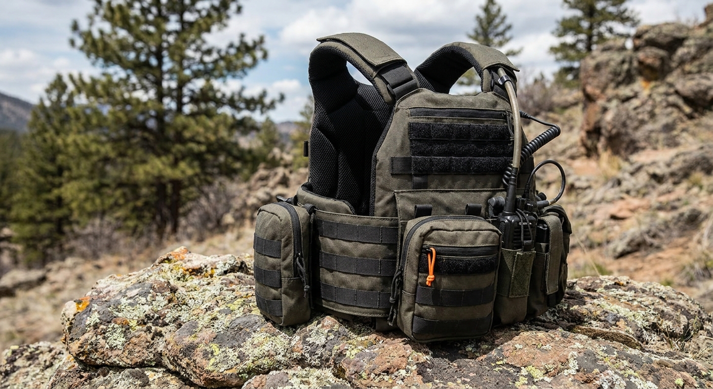 A realistic tactical vest on a rugged outdoor backdrop, showing modular MOLLE webbing and shoulder straps. Alt: tactical vest with MOLLE webbing