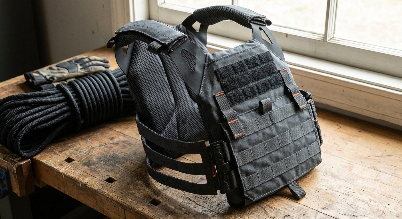 Close‑up of a lightweight plate carrier with low‑profile design and breathable padding. Alt: Crye Precision JPC 2.0 lightweight plate carrier