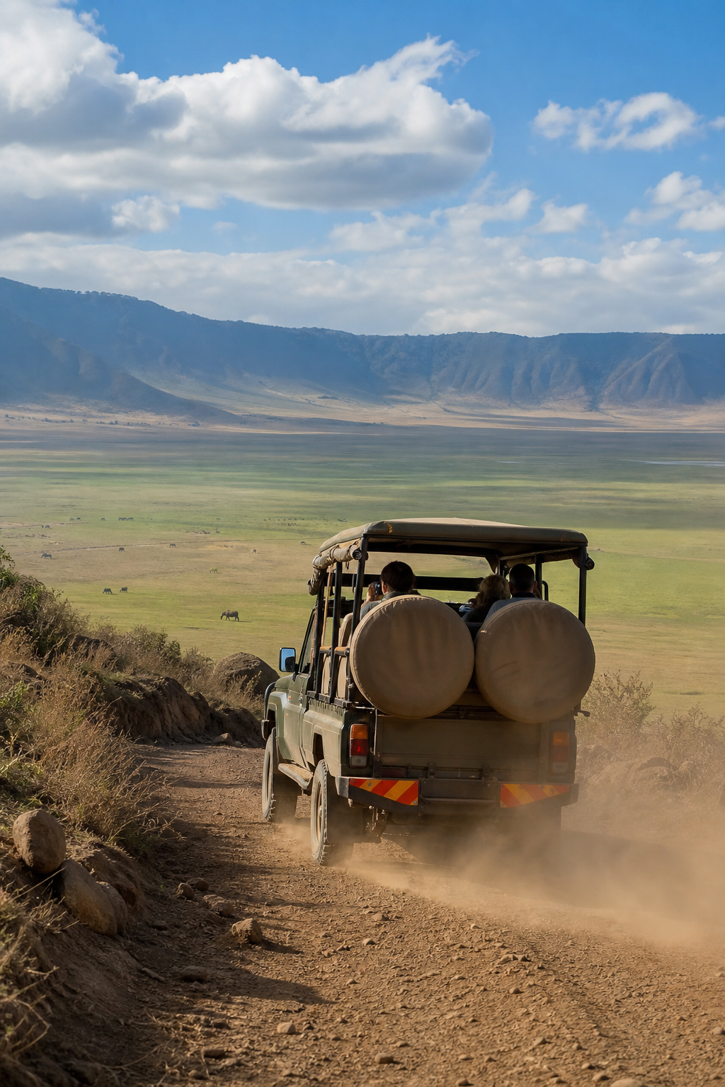 A realistic photo of a safari jeep handling the dusty roads of the Ngorongoro Crater, alt=