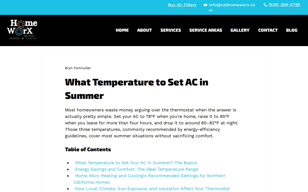 Screenshot of the Home Worx Heating and Cooling website