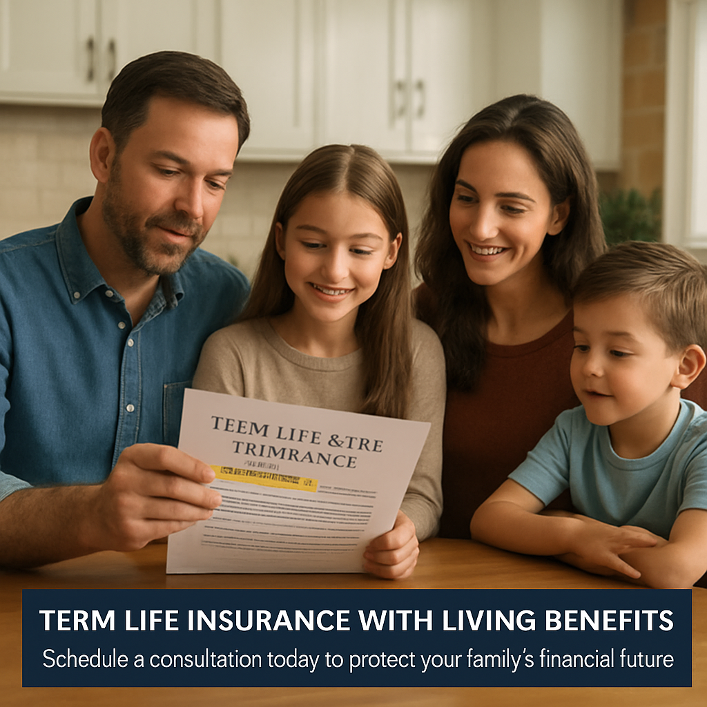 A family gathered around a kitchen table, reviewing a term life insurance policy document with a highlighted section on living benefits. Alt: