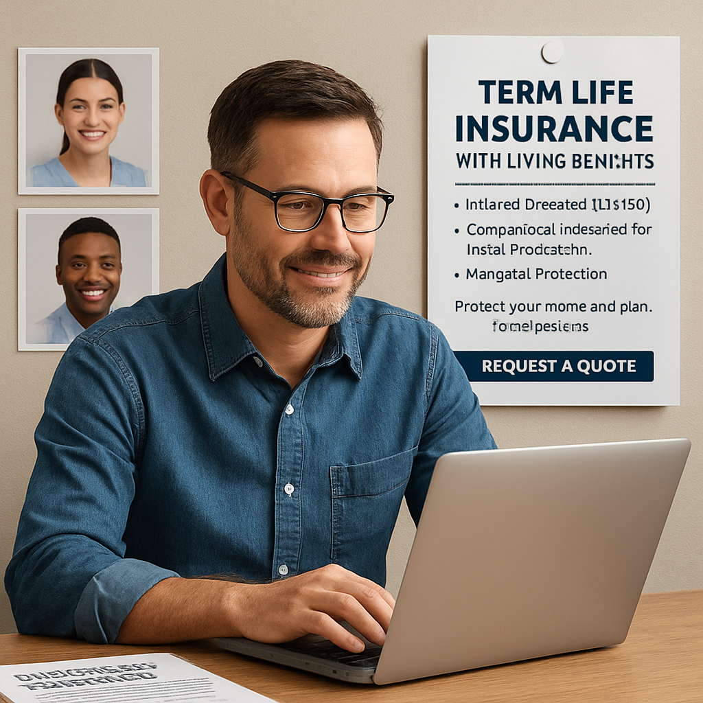 A small business owner sitting at a desk with a laptop, surrounded by employee photos and a policy document, illustrating term life insurance with living benefits protecting the team. Alt: Small business owner reviewing term life insurance with living benefits for employee protection.