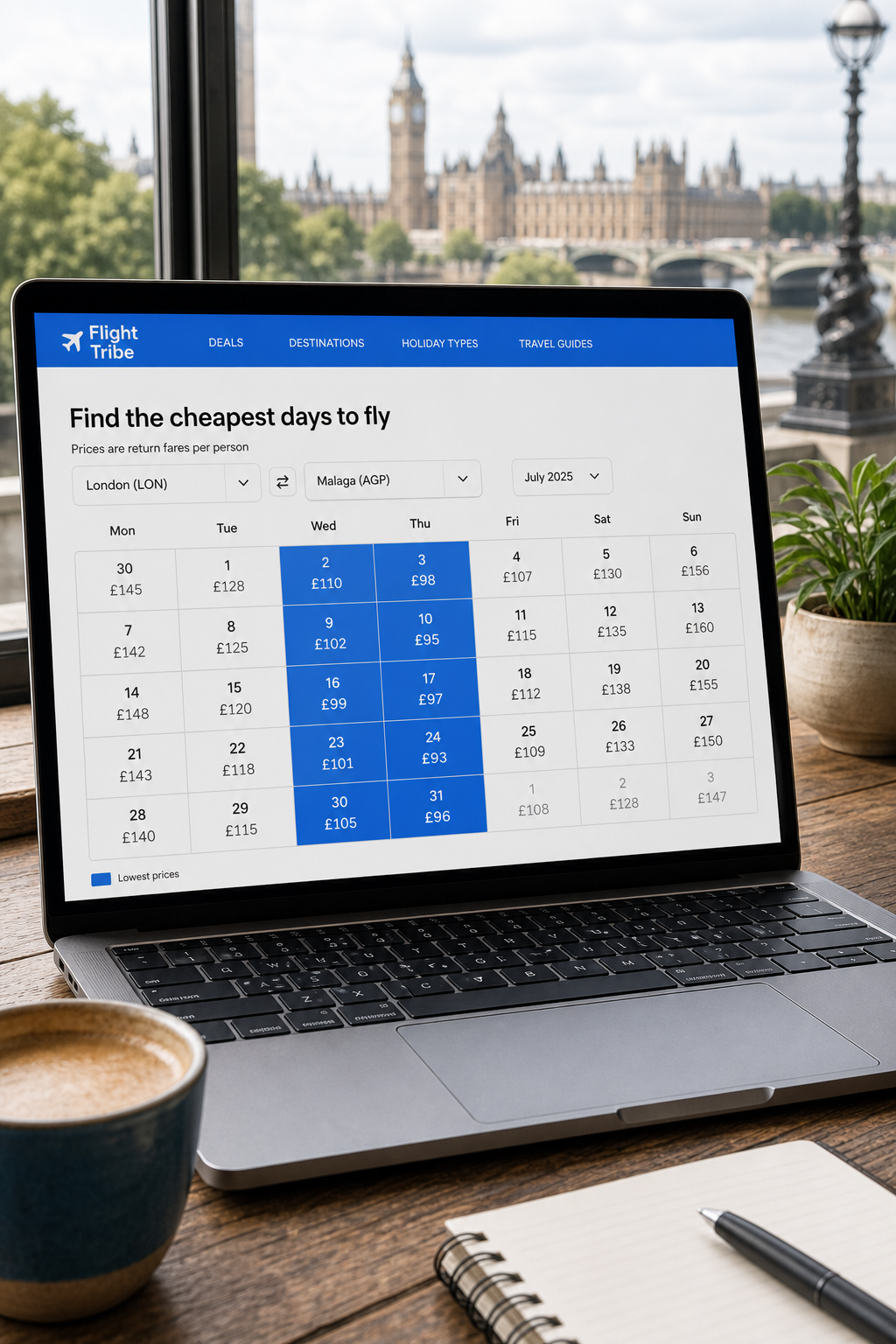 A photorealistic screenshot mockup of a fare calendar interface on a laptop, showing a grid of dates with low prices highlighted in blue. The scene is on a wooden desk with a coffee cup. Alt: Fare calendar showing cheapest days to fly for summer holiday packages.