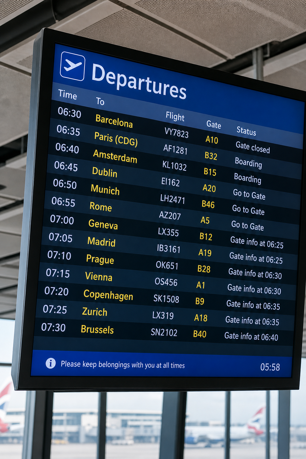 A realistic photo of a departure board at a UK airport, showing flights to various European cities with times and gate numbers. No human faces. Alt: Departure board at airport, illustrating flexible travel options for booking summer holiday packages.