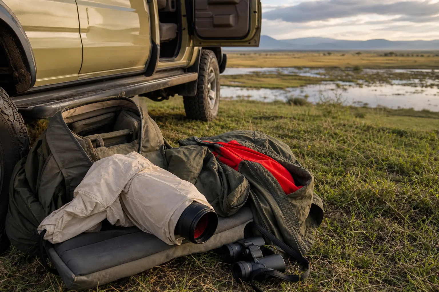 Preparing camera gear and clothing for a Ndutu migration safari.
