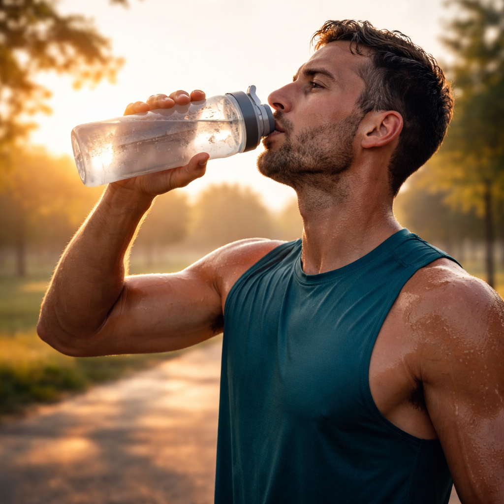 A photorealistic scene of a runner sipping a clear electrolyte drink from a reusable bottle at sunrise, with sweat droplets on the forearm and a calm park background. Alt: runner pre‑workout electrolyte hydration