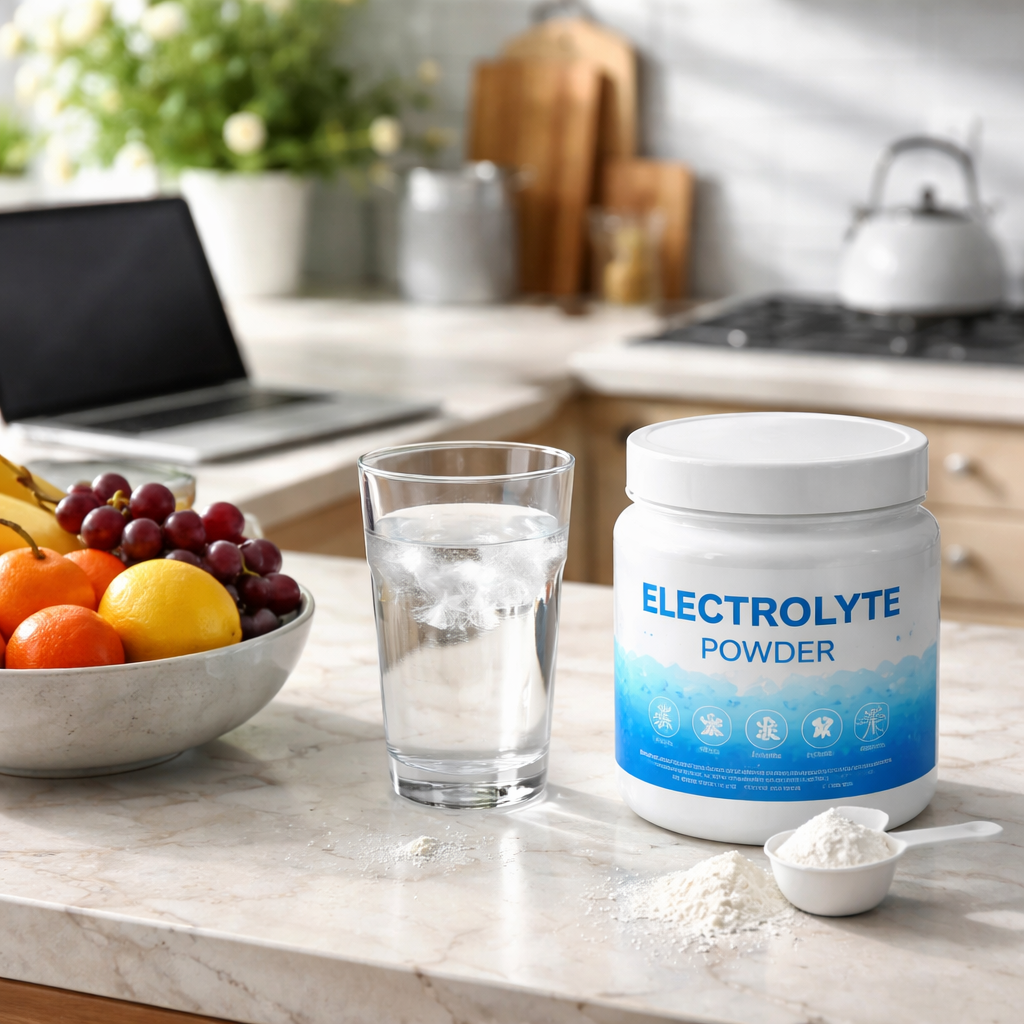 A photorealistic illustration of a kitchen countertop with a glass of water, a scoop of electrolyte powder, a fruit bowl, and a laptop, showing a casual daily routine. Alt: everyday electrolyte powder use at home