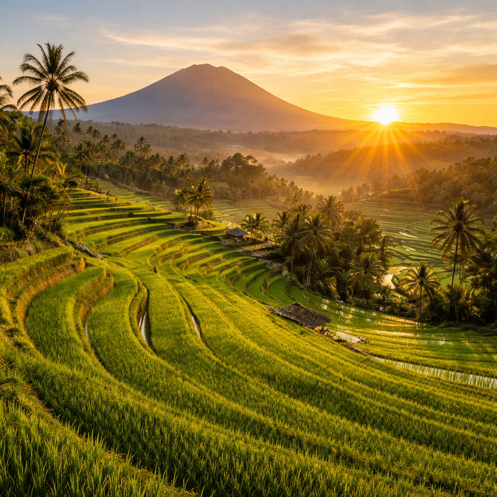 A realistic sunrise over Bali’s rice terraces in May, showing vibrant green fields and a clear sky. Alt: Bali rice terraces in May, perfect for travelers seeking balanced crowds and sunny weather.