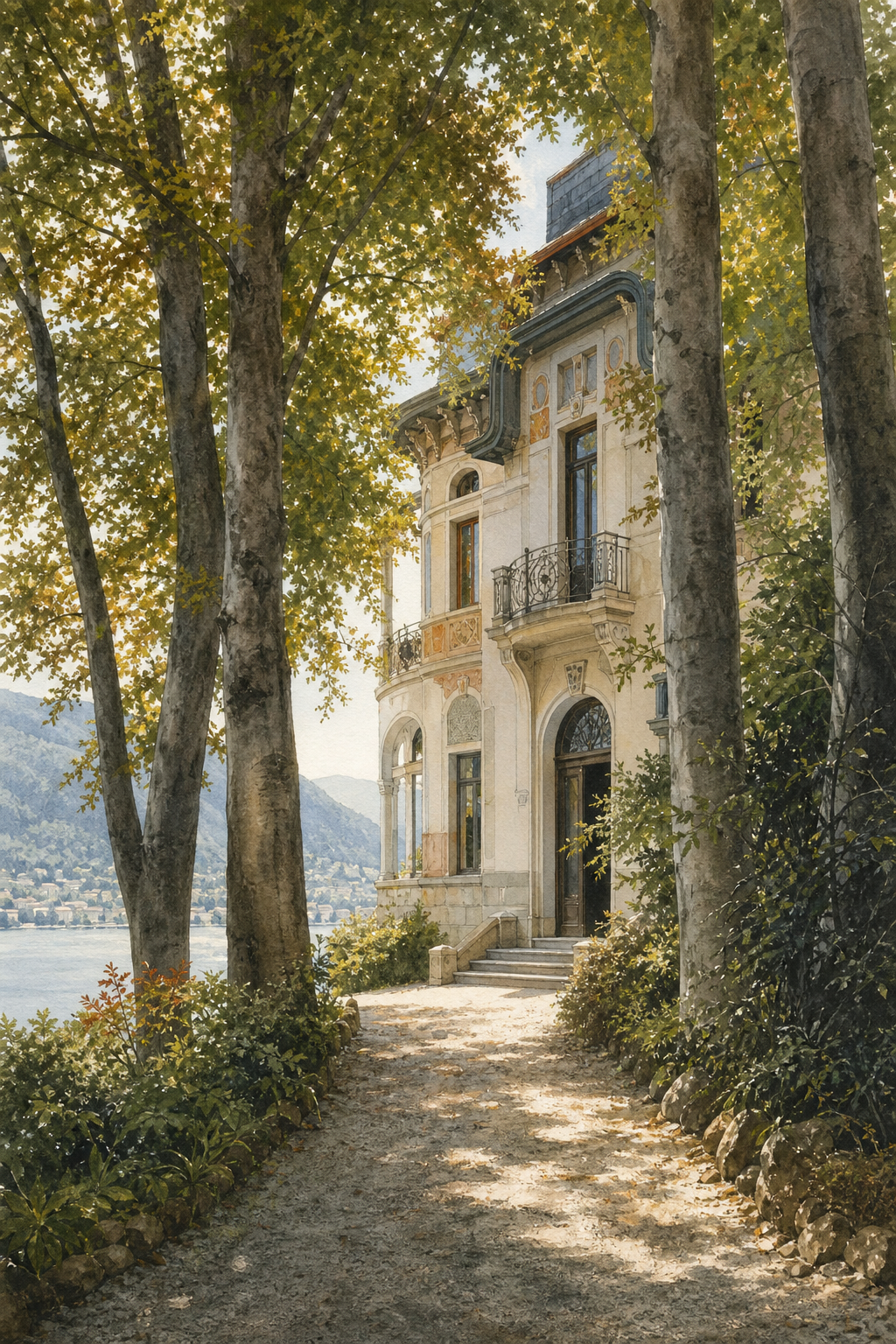 A watercolor view of the Art Nouveau villa facade partially hidden by tall beech trees, with a gravel path leading to the entrance. Alt: Watercolor illustration of Villino Rubini estate in Brunate, Lake Como.