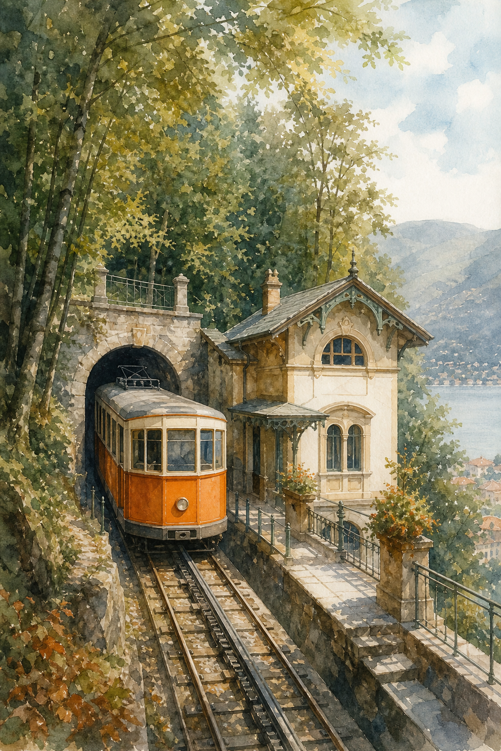 A watercolor scene of the historic Como-Brunate funicular car emerging from a tunnel into a forest clearing, with a small station building. Alt: Watercolor of Como-Brunate funicular surrounded by beech forest.