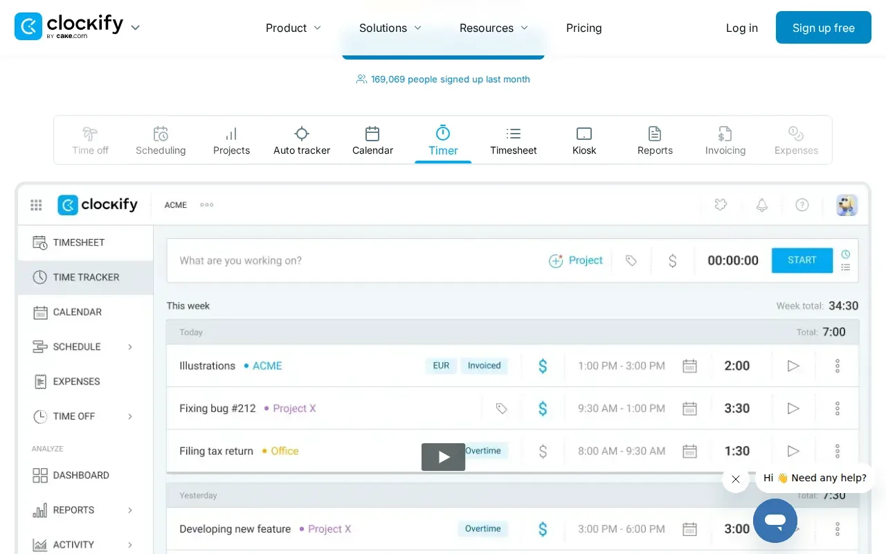 Screenshot of the Clockify by CAKE.com website