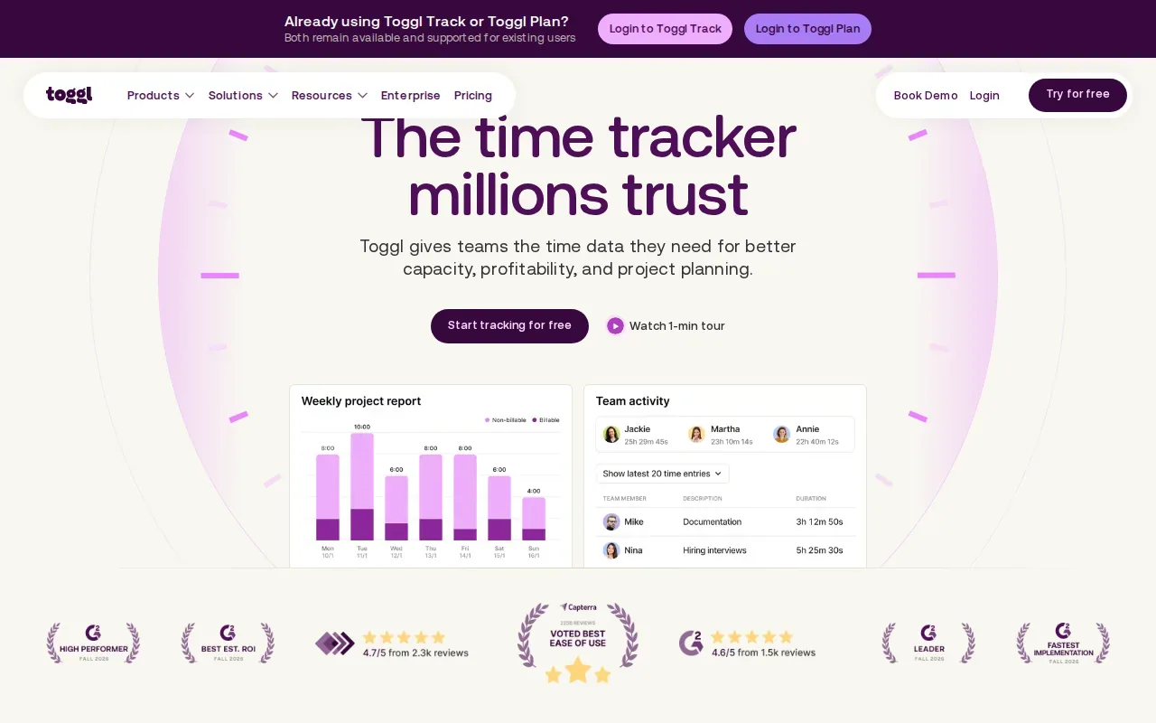 Screenshot of the Toggl Track website