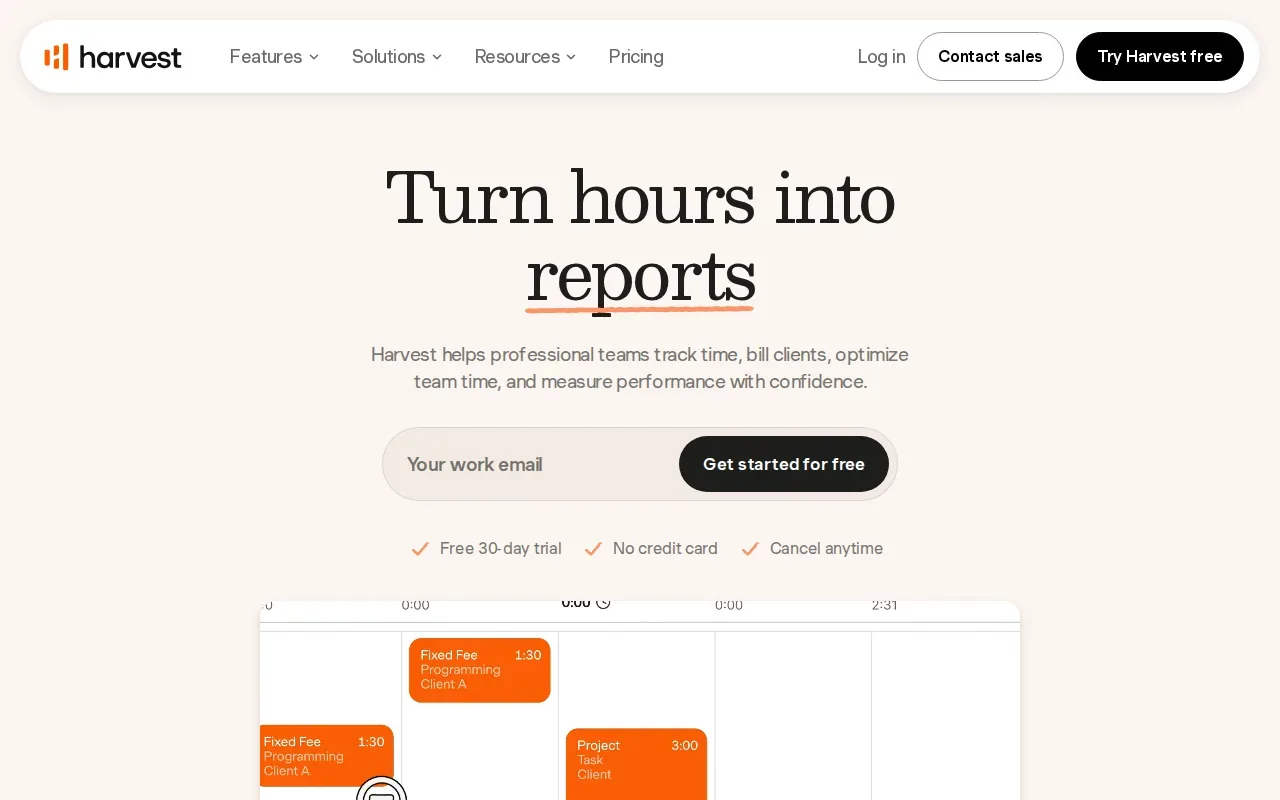 Screenshot of the Harvest website