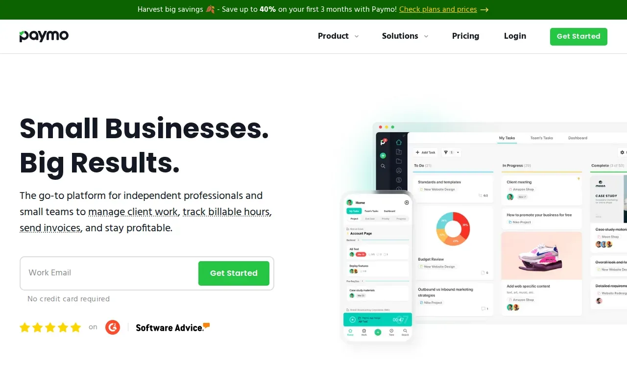 Screenshot of the Paymo website