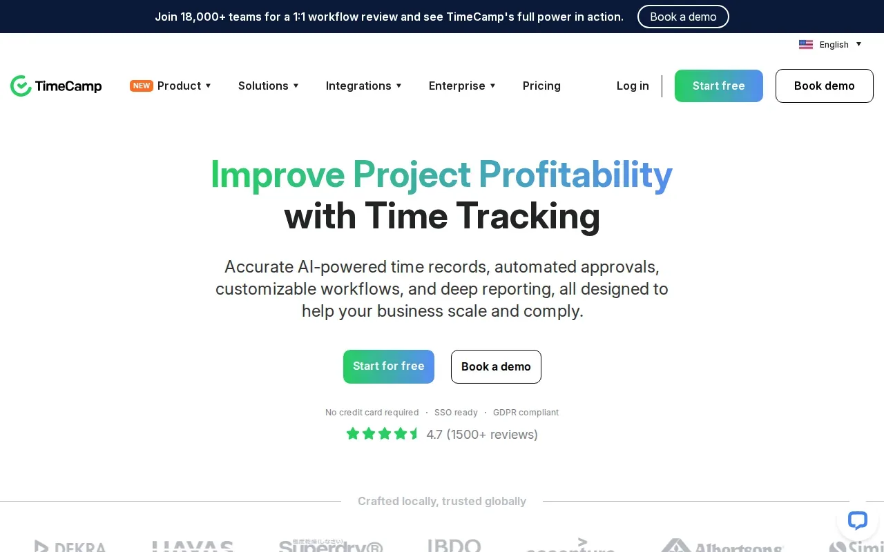 Screenshot of the TimeCamp website