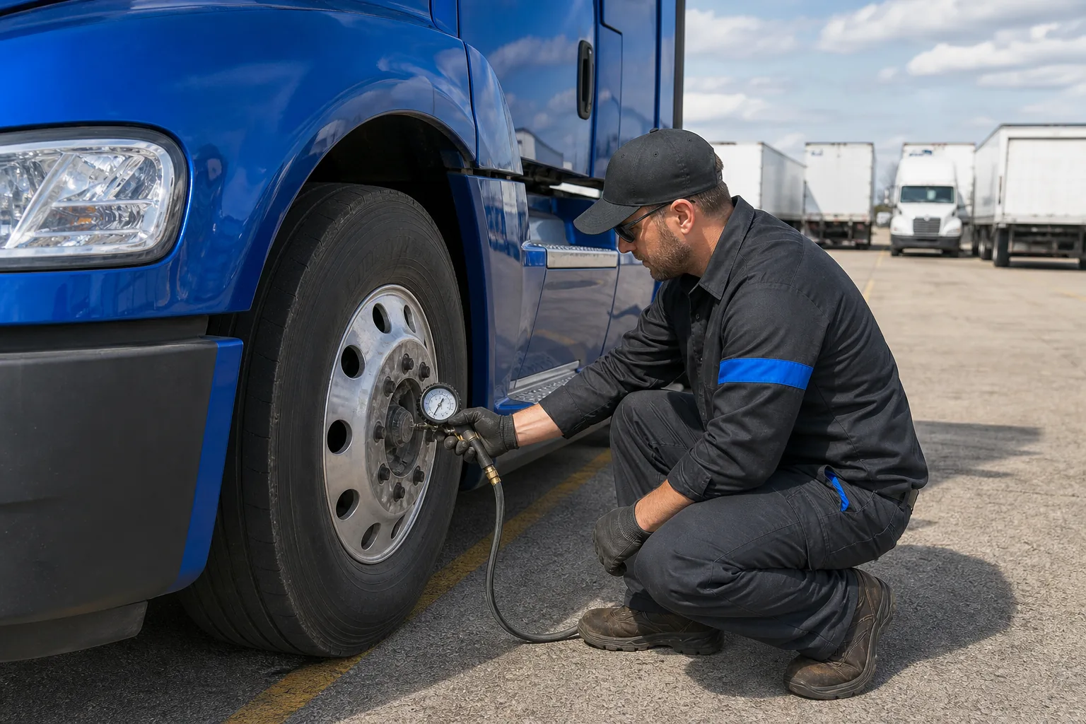 technician checking semi truck tire pressure at a fleet yard