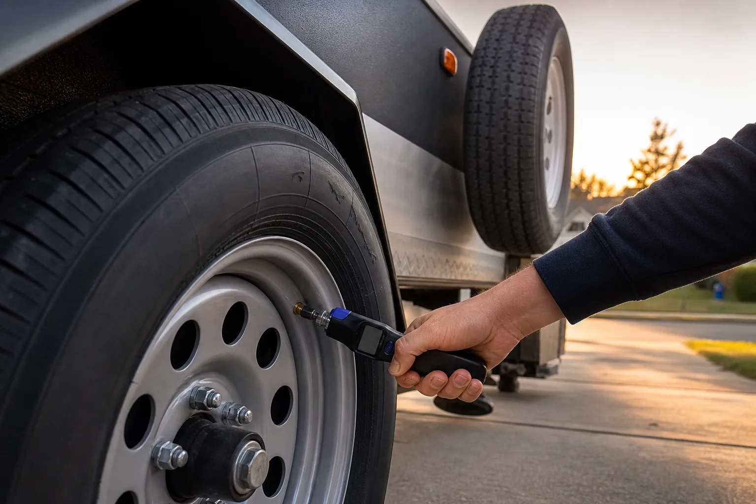 checking cold PSI on trailer tires before a trip