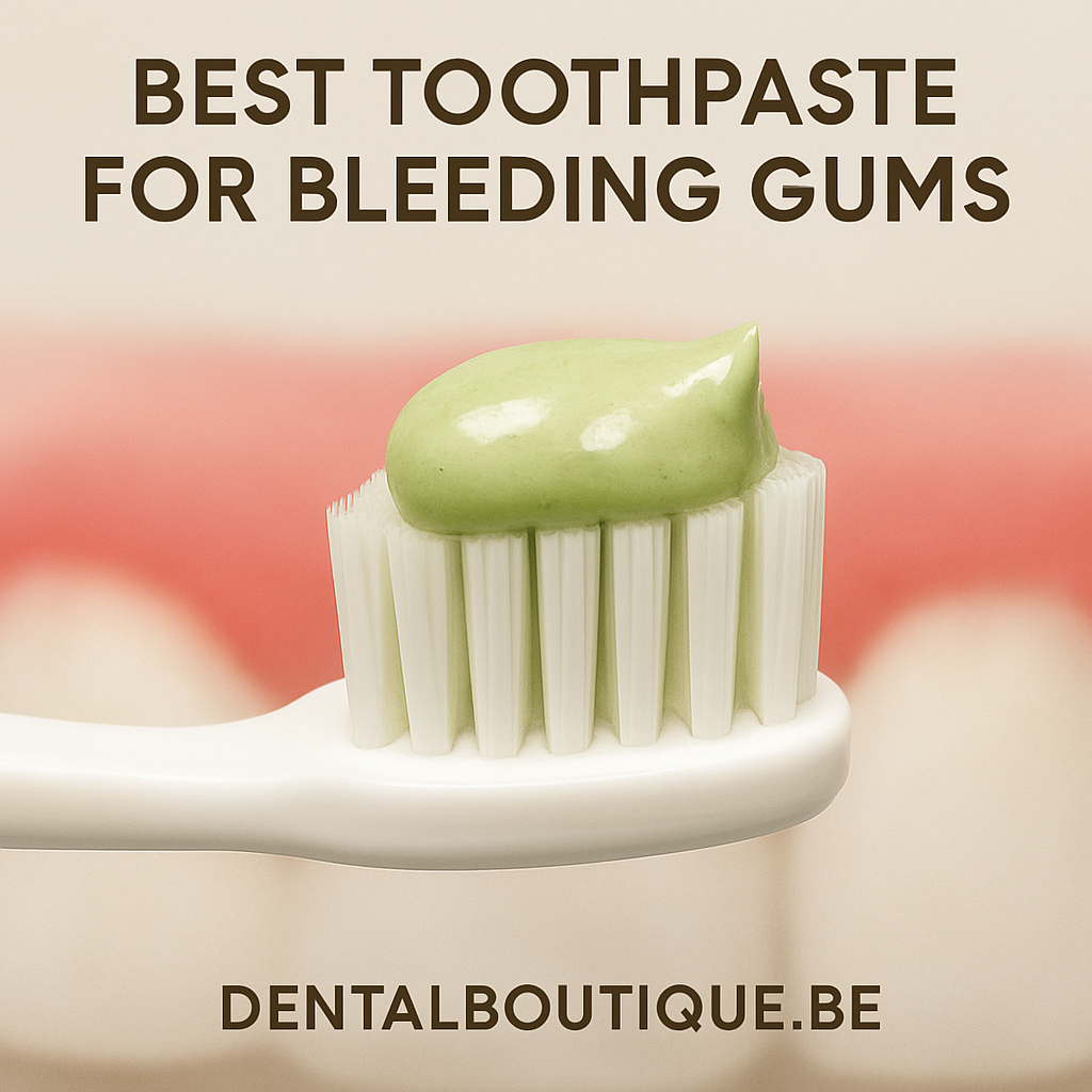 Close-up of a toothbrush with a dab of CBD toothpaste on the bristles, showing a pink gum line in the background. Alt: best toothpaste for bleeding gums illustration