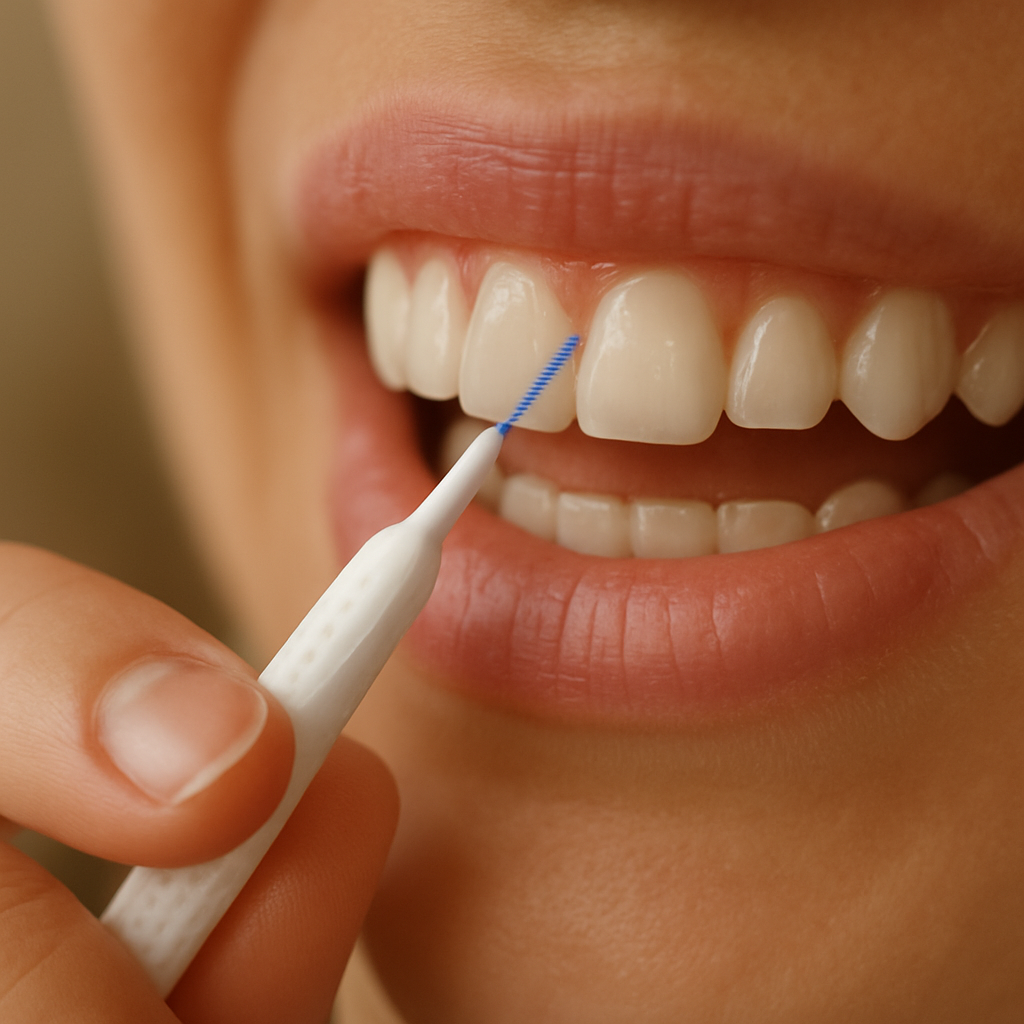 A close‑up of a person using an interdental brush on the gum line, soft natural lighting, emphasizing gentle care. Alt: Additional oral care practices to reduce bleeding gums