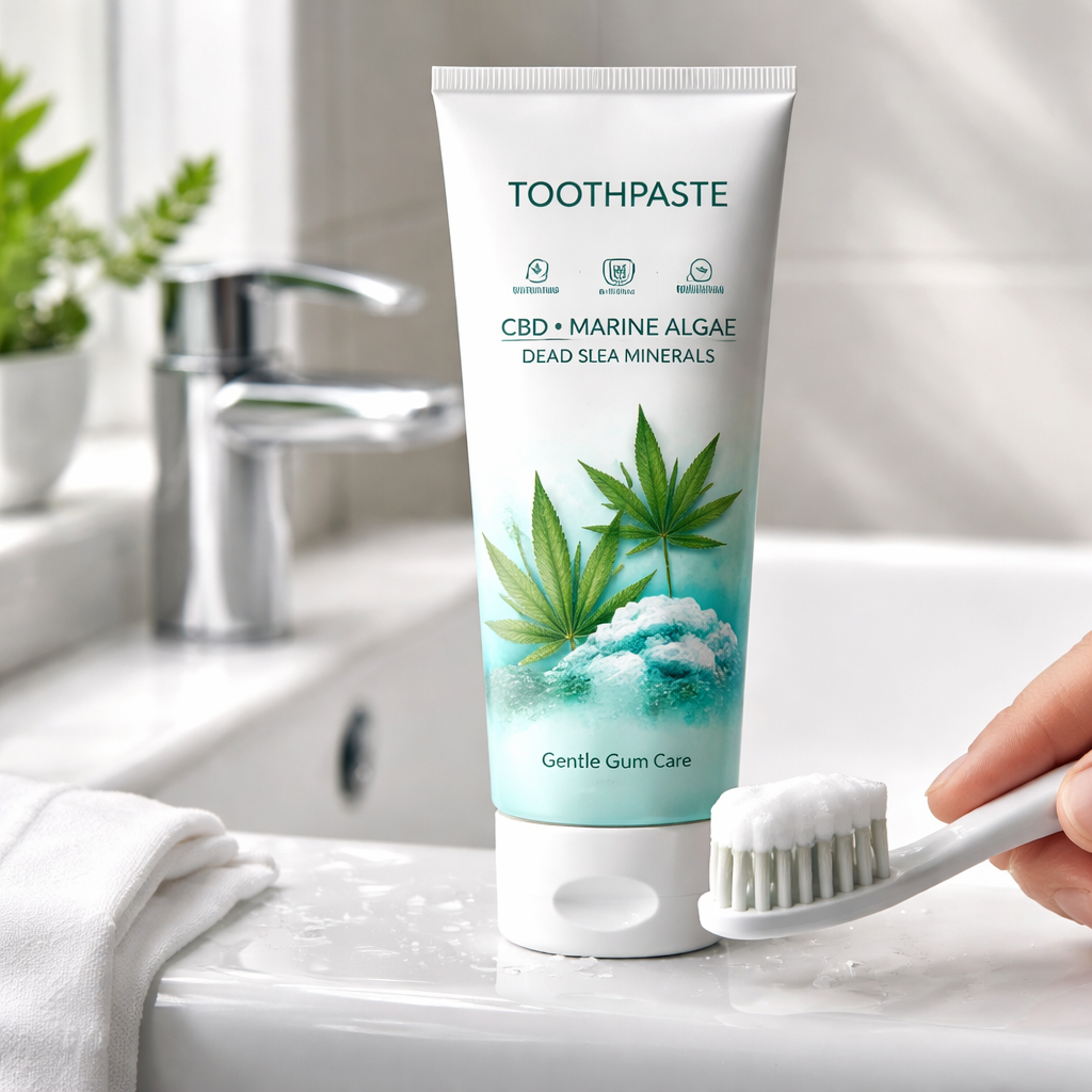 A photorealistic close‑up of a sleek toothpaste tube on a white bathroom sink, with a soft morning light highlighting the label that shows CBD, marine algae, and Dead Sea minerals. A hand is holding a toothbrush with foam, emphasizing gentle gum care. Alt: best toothpaste for gum health scene in a realistic style.