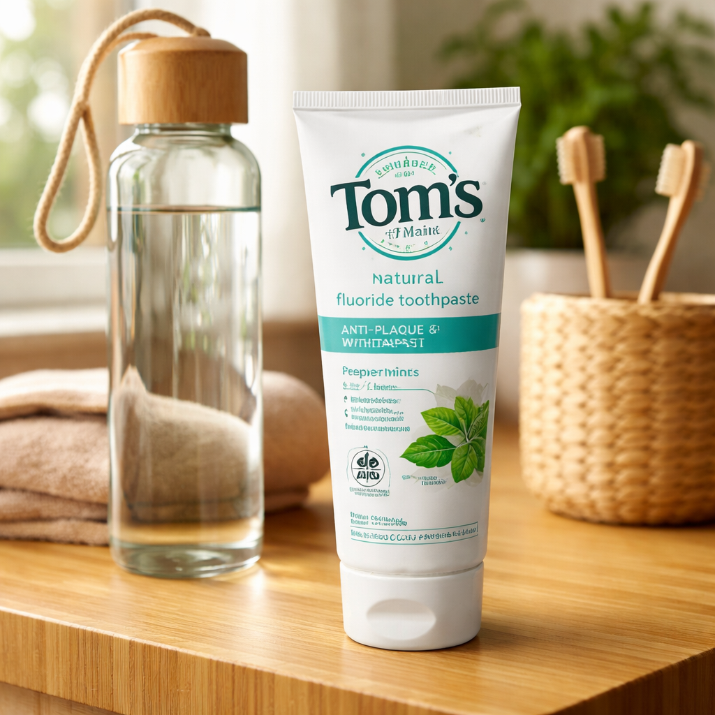 A photorealistic close‑up of a Tom’s of Maine Natural Fluoride toothpaste tube on a bamboo bathroom counter, next to a reusable glass water bottle, soft natural lighting, showcasing eco‑friendly packaging. Alt: Tom’s of Maine natural fluoride toothpaste eco friendly choice.