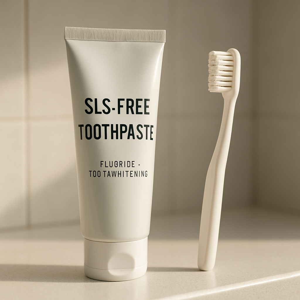 A photorealistic close‑up of a sleek SLS‑free toothpaste tube next to a toothbrush, with soft morning light highlighting the label, showing a clean bathroom counter. Alt: best toothpaste without SLS on a modern bathroom shelf.