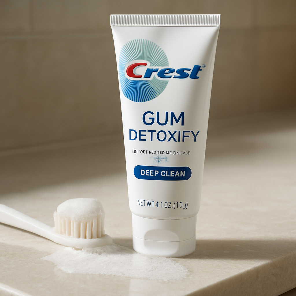 A photorealistic close‑up of a Crest Gum Detoxify toothpaste tube beside a soft‑bristle toothbrush on a sleek bathroom countertop, with natural morning light highlighting the low‑foam texture as it mixes with water, appealing to adults aged 18‑70 seeking gentle oral care.