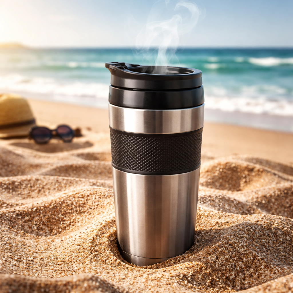 A realistic close‑up of a stainless steel travel mug with steam rising, placed on a sandy beach. Alt: best travel coffee mug for beach heat retention and sand protection