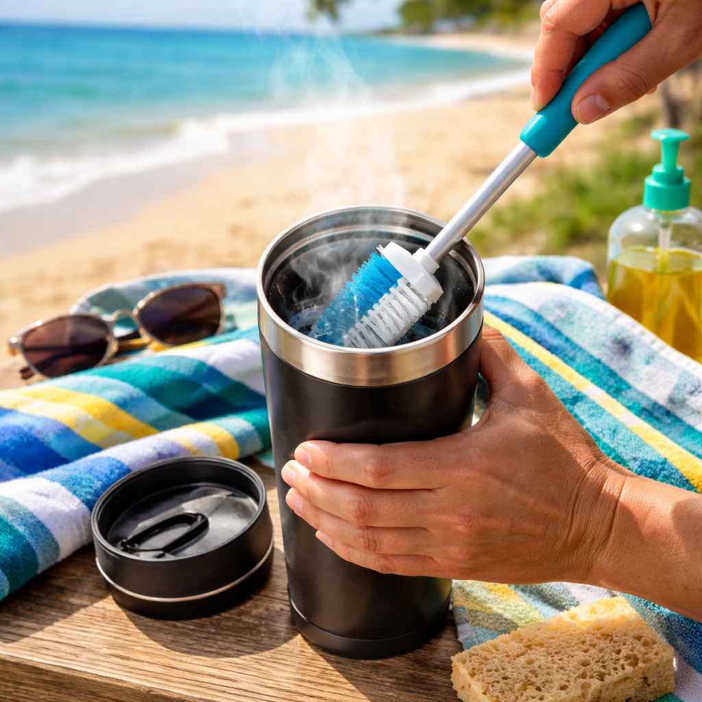 A realistic scene of a travel mug being cleaned with a bottle brush, steam rising, and a beach towel nearby. Alt: best travel coffee mug for beach cleaning and maintenance