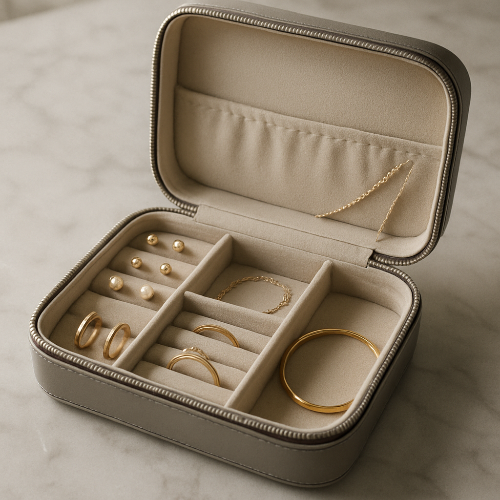 A photorealistic close‑up of a sleek, compact travel jewelry case opened on a polished marble countertop, showing organized compartments for earrings, necklaces, rings, and bracelets; soft anti‑tarnish lining visible; natural lighting highlighting the case’s elegant design, appealing to fashion‑forward women travelers.