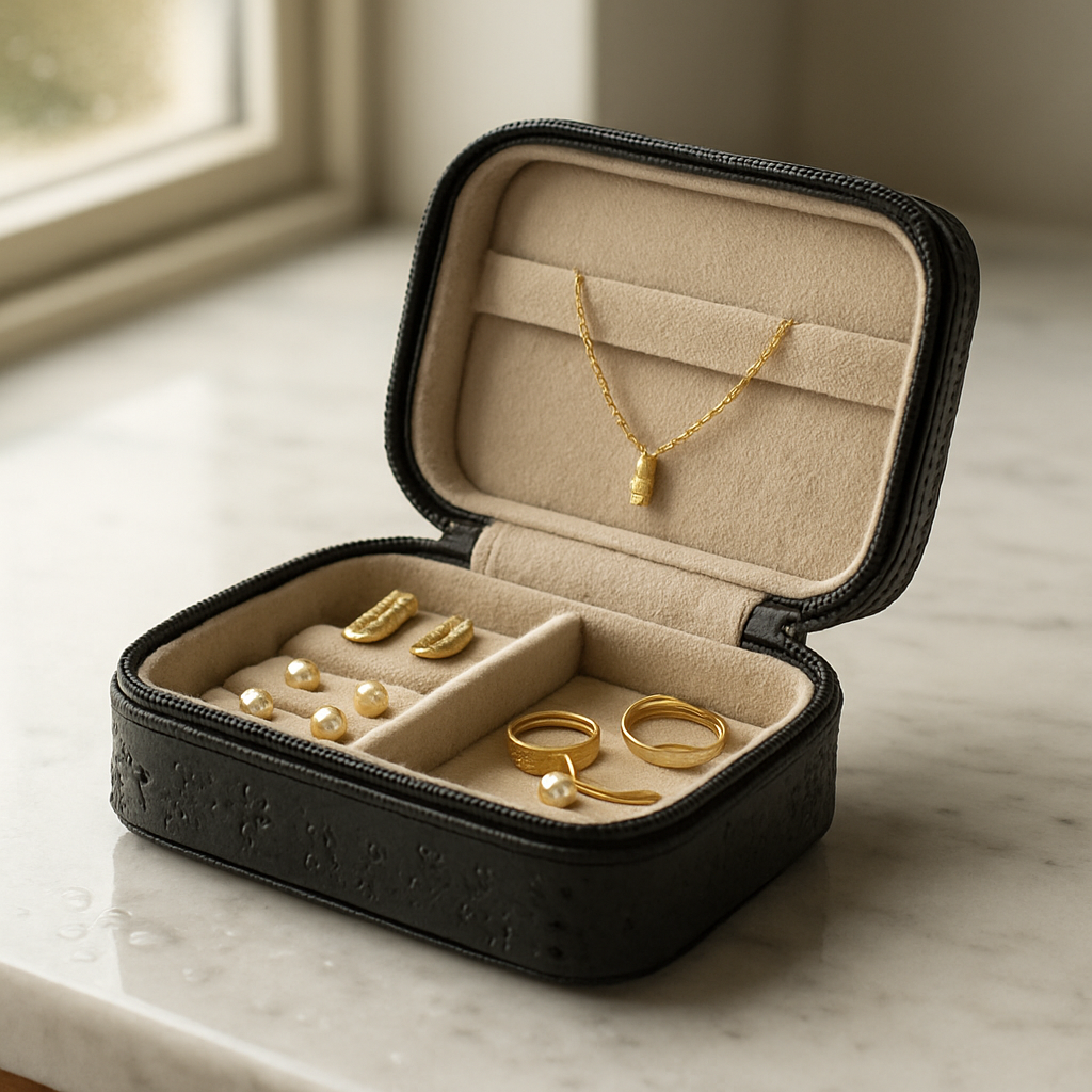 A photorealistic image of a sleek waterproof travel jewelry pouch open on a marble hotel vanity, droplets of water beading on the exterior, soft cotton lining visible inside with neatly arranged earrings, rings, and a necklace bar; natural morning light streams through a nearby window, highlighting the elegant design. Alt: waterproof travel jewelry pouch protecting accessories from spills