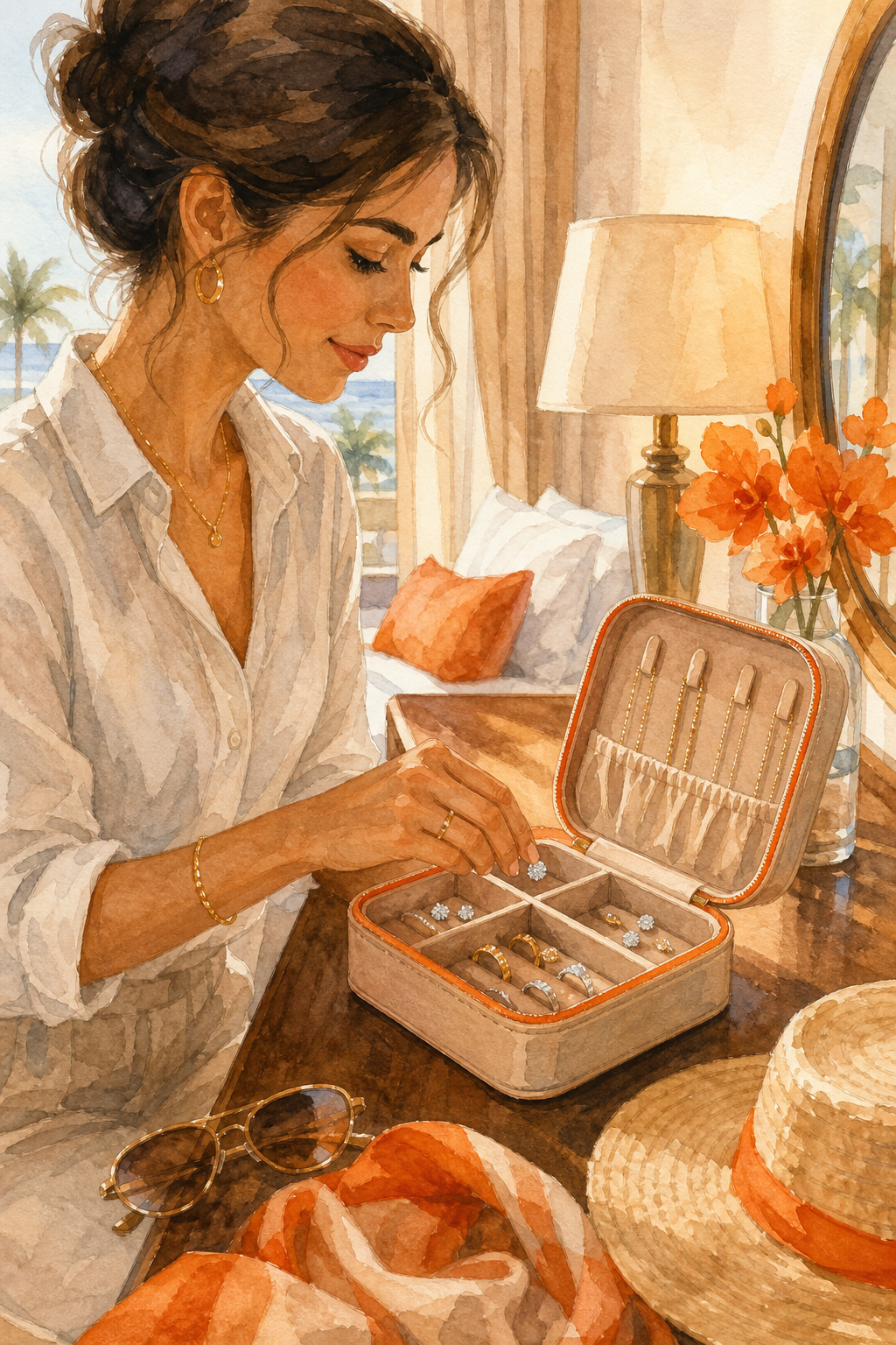 A watercolor scene of a stylish woman placing sparkling cubic zirconia stud earrings into an open travel jewelry organizer on a sunlit hotel dresser, soft orange accent light. Alt: travel jewelry case on Amazon packed with cubic zirconia earrings and rings.