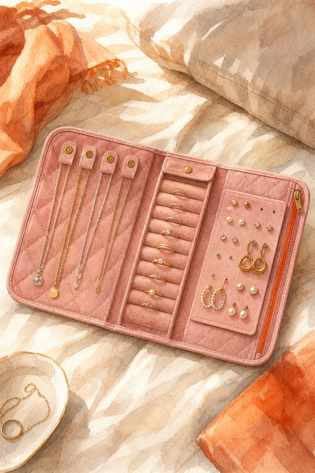 A watercolor illustration of a flat quilted dusty-pink jewelry roll opened on a bed, showing necklace straps, ring bands, and an earring panel, warm orange highlights. Alt: BAGSMART travel jewelry organizer compact roll opened to show compartments.
