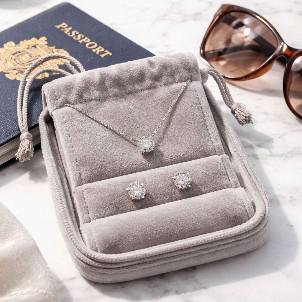 A photorealistic close‑up of a sleek stainless‑steel necklace and a pair of hypoallergenic cubic zirconia earrings nestled in a soft velvet travel pouch, placed on a marble countertop beside a passport and sunglasses. Alt: Lightweight hypoallergenic travel jewelry for women.