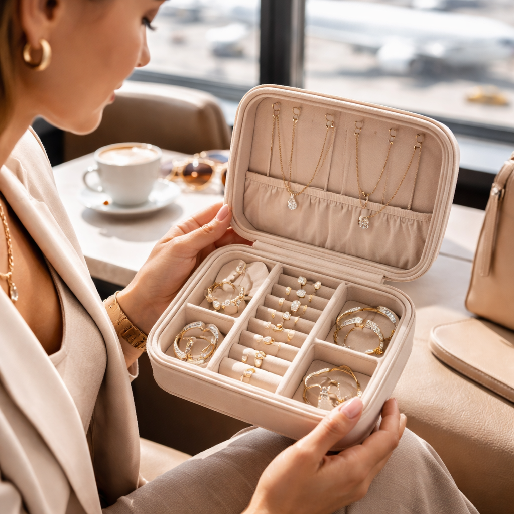 A photorealistic scene of a stylish woman in a modern airport lounge, opening a sleek velvet‑lined travel jewelry case to reveal perfectly organized necklaces, earrings, and rings; soft natural lighting highlights the sparkle of the pieces, emphasizing the best travel jewelry for women on the go. Alt: organized travel jewelry case with sparkling pieces in an airport setting.