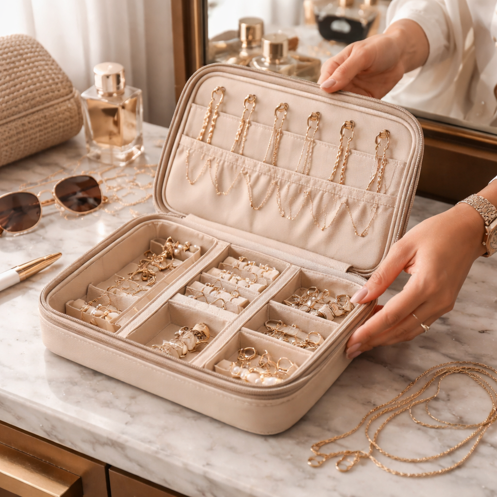A photorealistic scene of a stylish woman opening a zip‑up travel jewelry organizer on a hotel vanity, showing separate compartments for necklaces, bracelets, and earrings, soft natural lighting, realism style. Alt: Best travel jewelry organizer displayed on a travel vanity.
