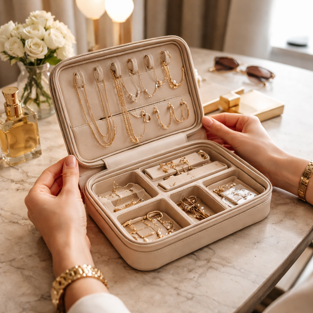 A photorealistic scene of a stylish woman opening a sleek travel jewelry organizer on a hotel vanity, soft natural lighting, showing separate compartments for necklaces, bracelets, and earrings, with a tiny silica‑gel packet visible. Alt: Best travel jewelry organizer being checked on the go.