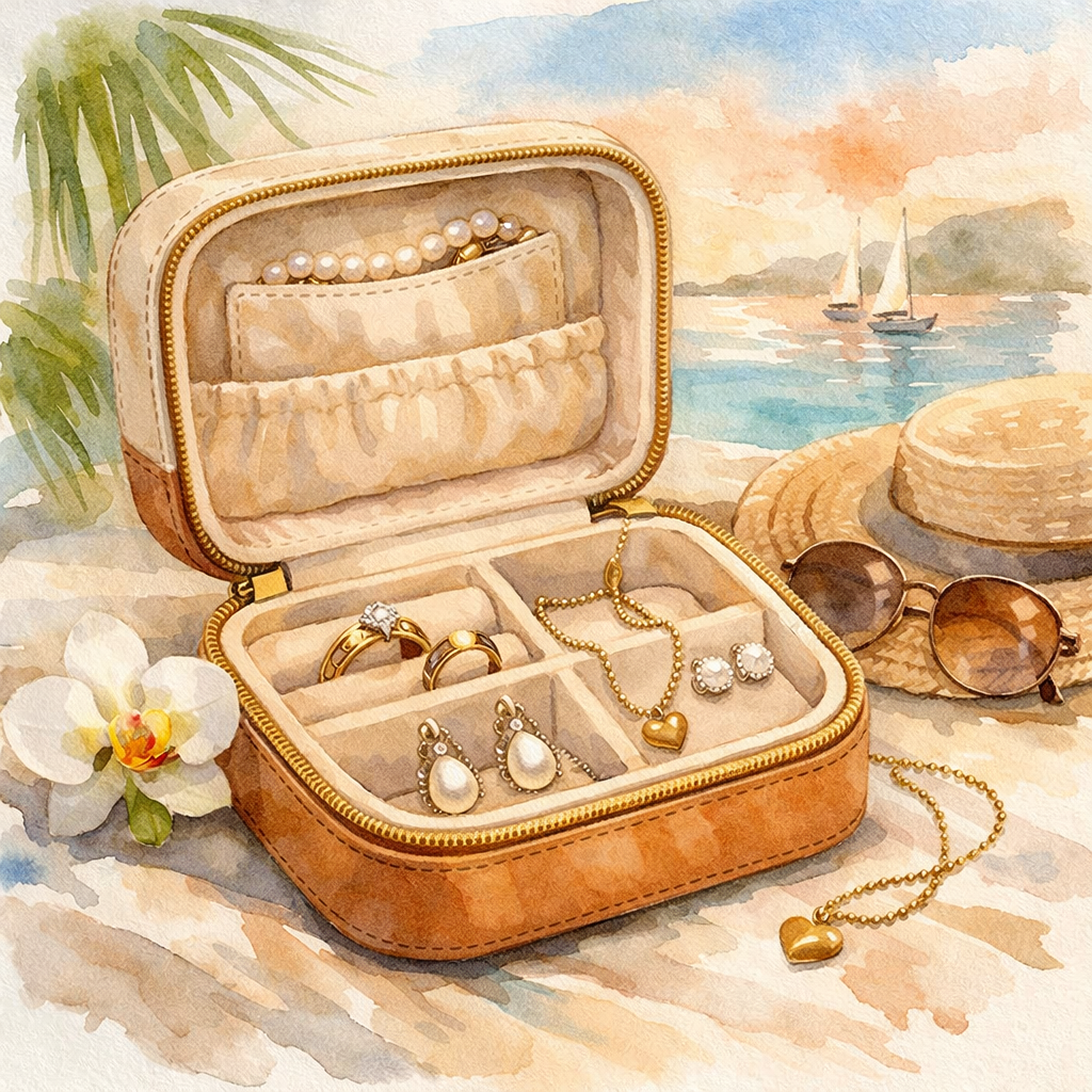 Watercolor scene of a sleek leather travel jewelry case with soft lining, alt: elegant leather travel jewelry case for honeymoon