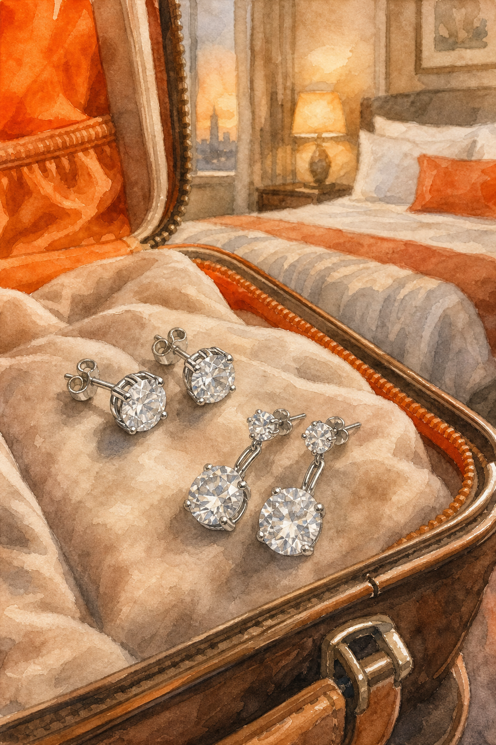 A watercolor scene of elegant sterling silver cubic zirconia stud and drop earrings resting on an open suitcase lined with soft fabric, warm hotel-room light, a hint of orange accent in the suitcase lining. Alt: travel-ready cubic zirconia earrings packed for a trip.