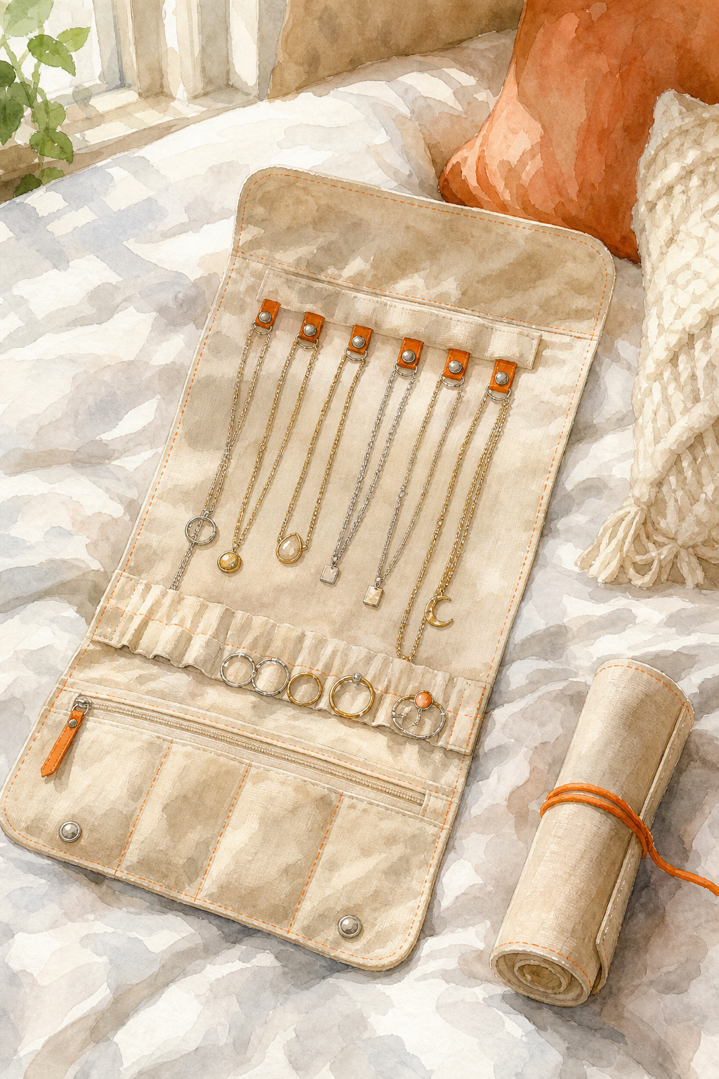 A watercolor illustration of an unrolled fabric jewelry pouch laid open on a bed, necklaces clipped to straps and rings tucked into bands, soft natural window light, subtle orange stitching detail. Alt: roll-up travel jewelry pouch keeping necklaces tangle-free.