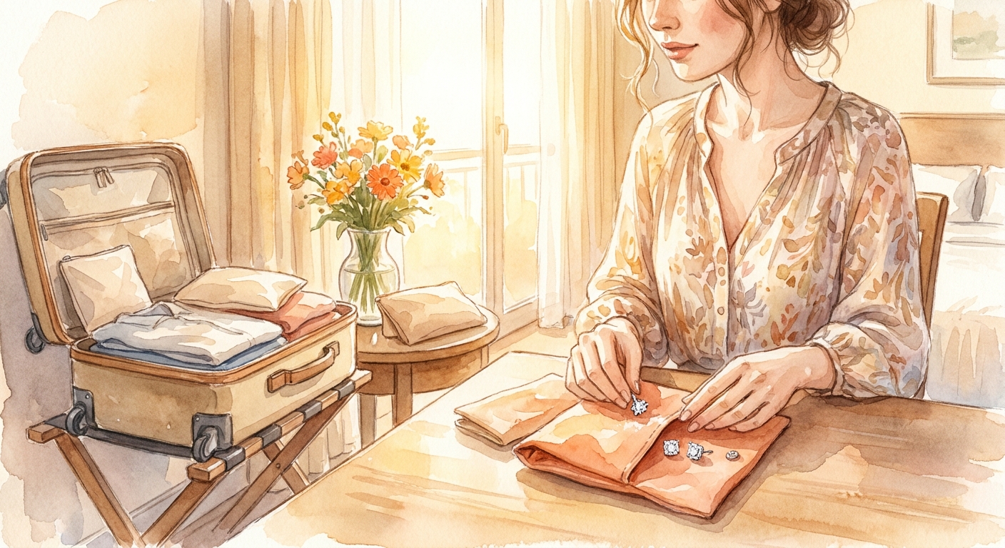 A watercolor scene of a stylish woman placing sparkling cubic zirconia stud earrings into a soft travel pouch beside an open suitcase in a sunlit hotel room. Alt: travel jewelry organizer for women holding sparkling earrings.