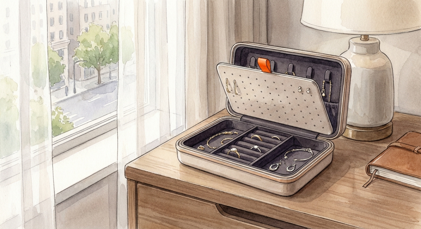 A watercolor illustration of an open hard-shell jewelry case with velvet-lined ring slots and an earring plate, resting on a hotel nightstand near a window. Alt: hard-shell travel jewelry organizer for women protecting fine pieces.