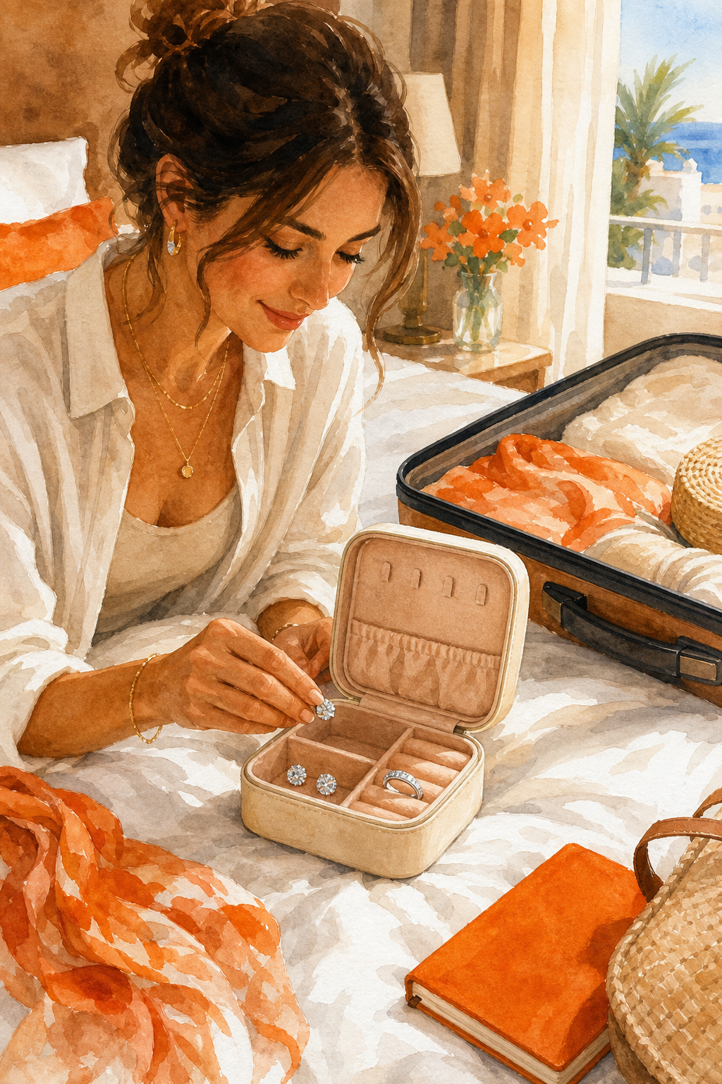 A watercolor scene of a stylish woman packing sparkling cubic zirconia earrings and a sterling silver ring into a soft-lined travel case on a sunlit hotel bed, suitcase open nearby, warm orange accents. Alt: travel jewelry organizer amazon packed with cubic zirconia earrings and rings.