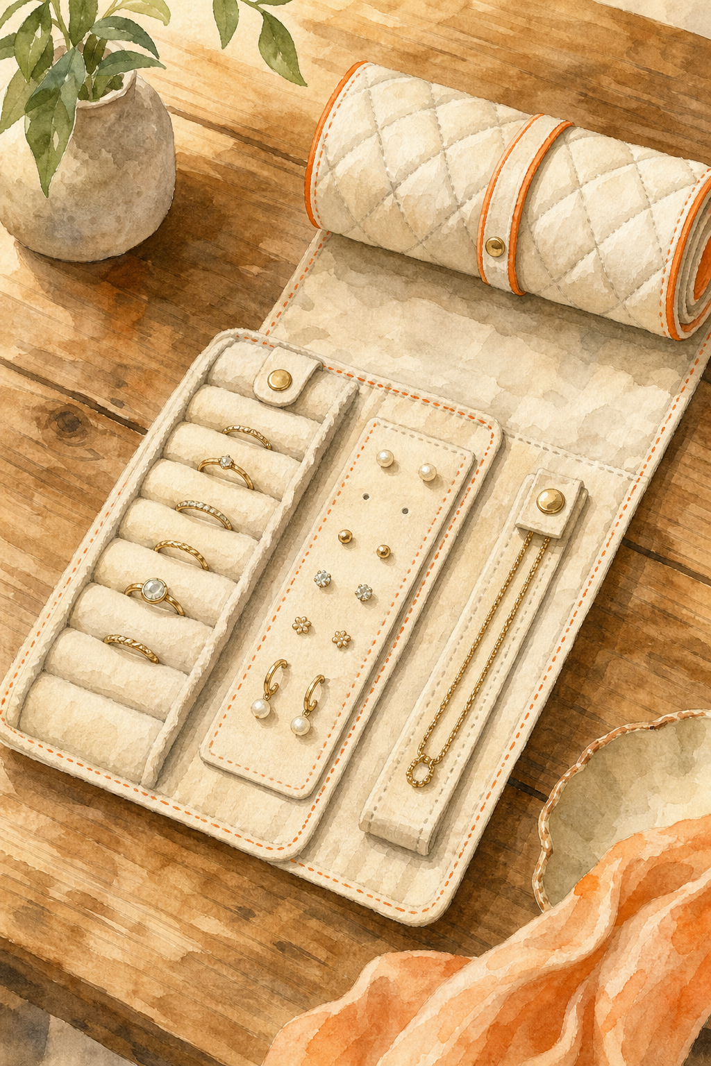 A watercolor illustration of a quilted fabric jewelry roll partly unrolled on a wooden table, showing ring bands, an earring panel, and a folded necklace strap, with soft orange stitching detail. Alt: compact roll-up travel jewelry organizer from amazon unrolled showing compartments.