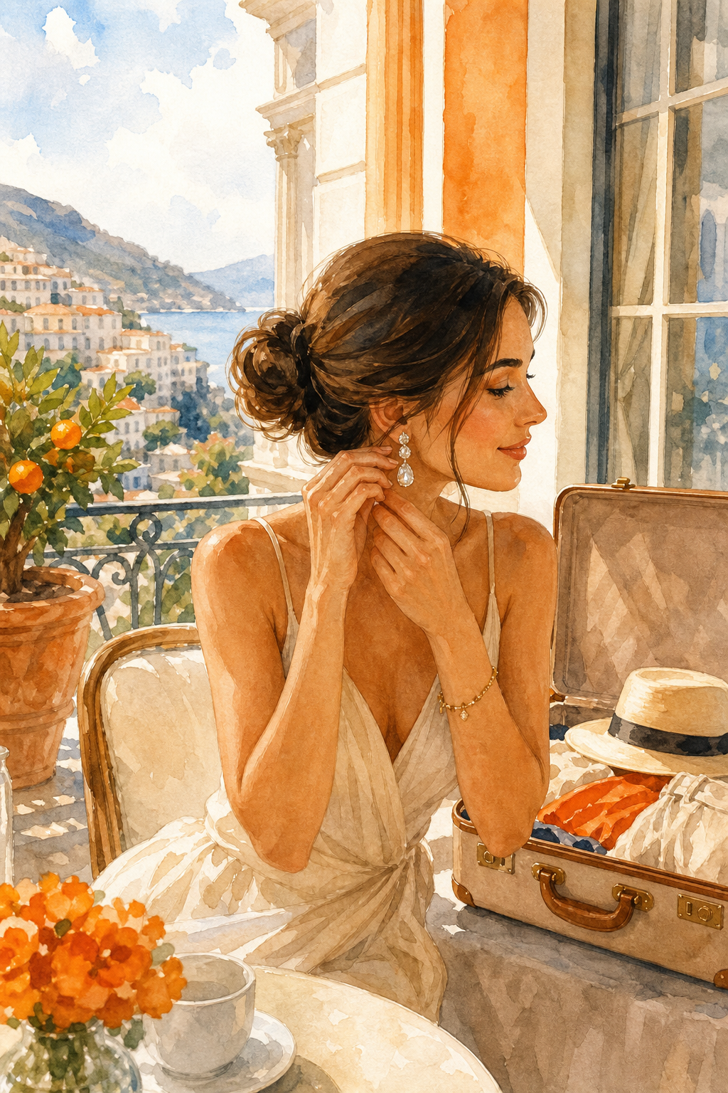 A watercolor scene of an elegant woman at a sunlit hotel terrace adjusting sparkling cubic zirconia drop earrings, an open suitcase nearby, warm orange accents in the decor. Alt: woman wearing Diamond Veneer cubic zirconia earrings while traveling