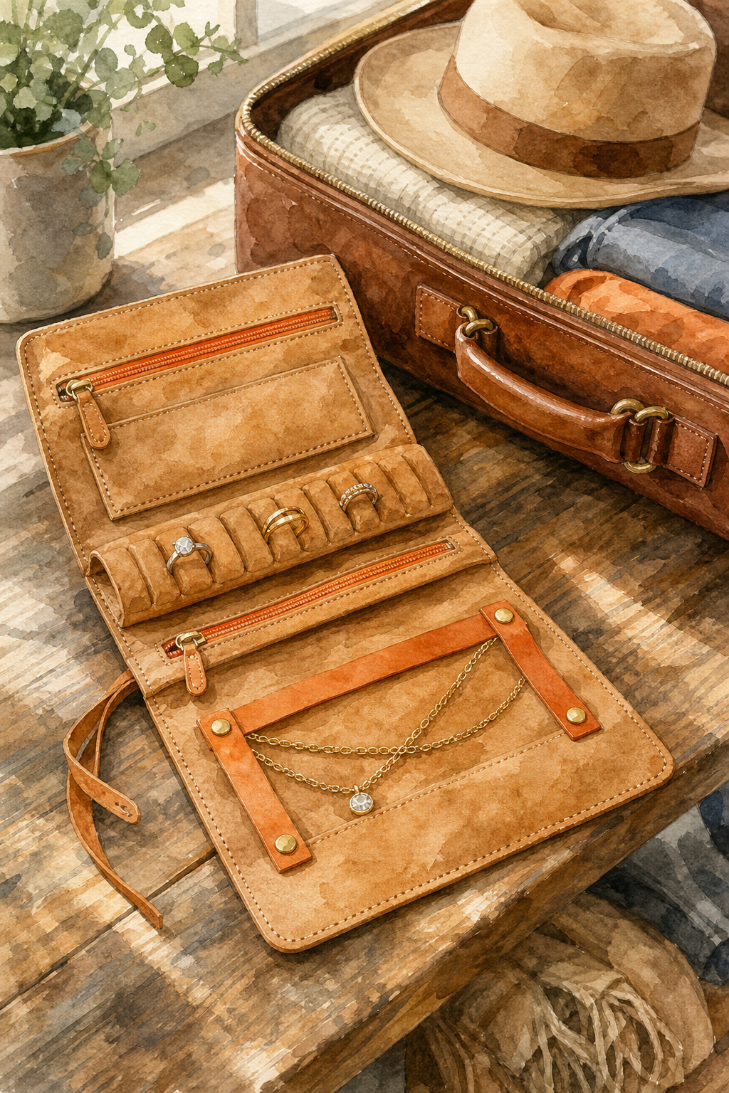 A watercolor of a rolled tan leather jewelry organizer unfurled on a wooden bench beside a packed leather carry-on, rings and a chain visible in the compartments, soft natural light. Alt: leather roll travel jewelry organizer open with rings and necklace