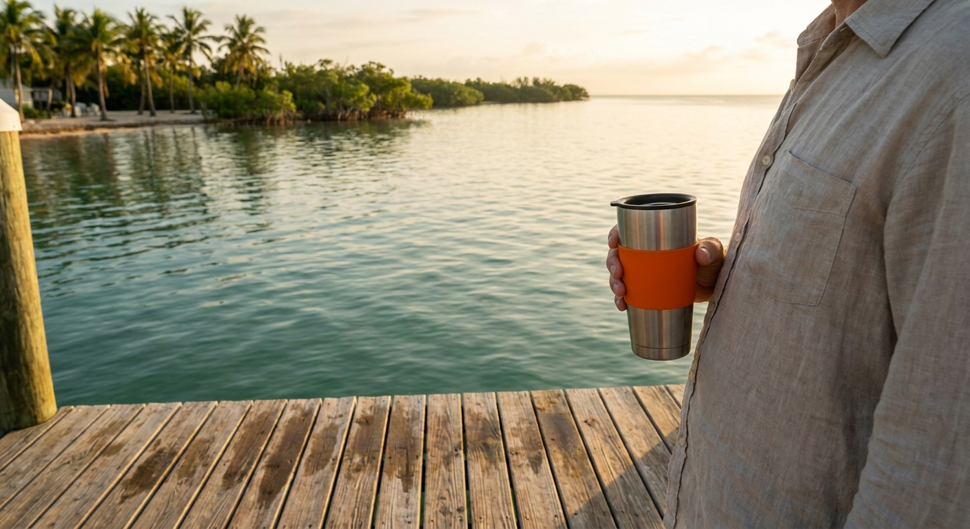 A lifestyle scene showing a person holding a branded travel mug on a wooden dock, teal ocean water in the background, Florida Keys morning light, photorealistic warm tones. Alt: Chilled Iguana Coffee Co. travel mug on a Florida Keys dock at sunrise.
