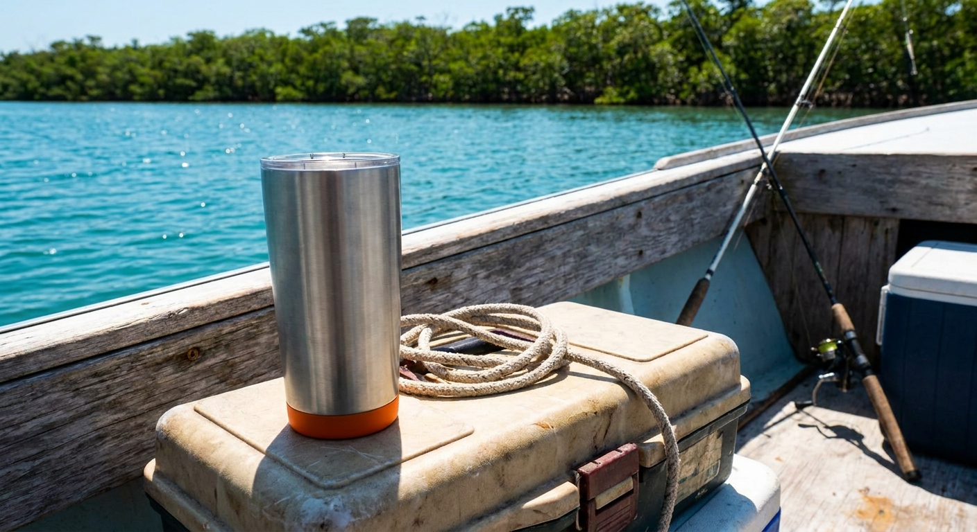 A photorealistic scene of a stainless steel tumbler sitting on the stern of a fishing boat, blue water and mangroves in the background, midday Keys sun, vibrant outdoor setting. Alt: Insulated travel tumbler on a Florida Keys fishing boat in afternoon heat.